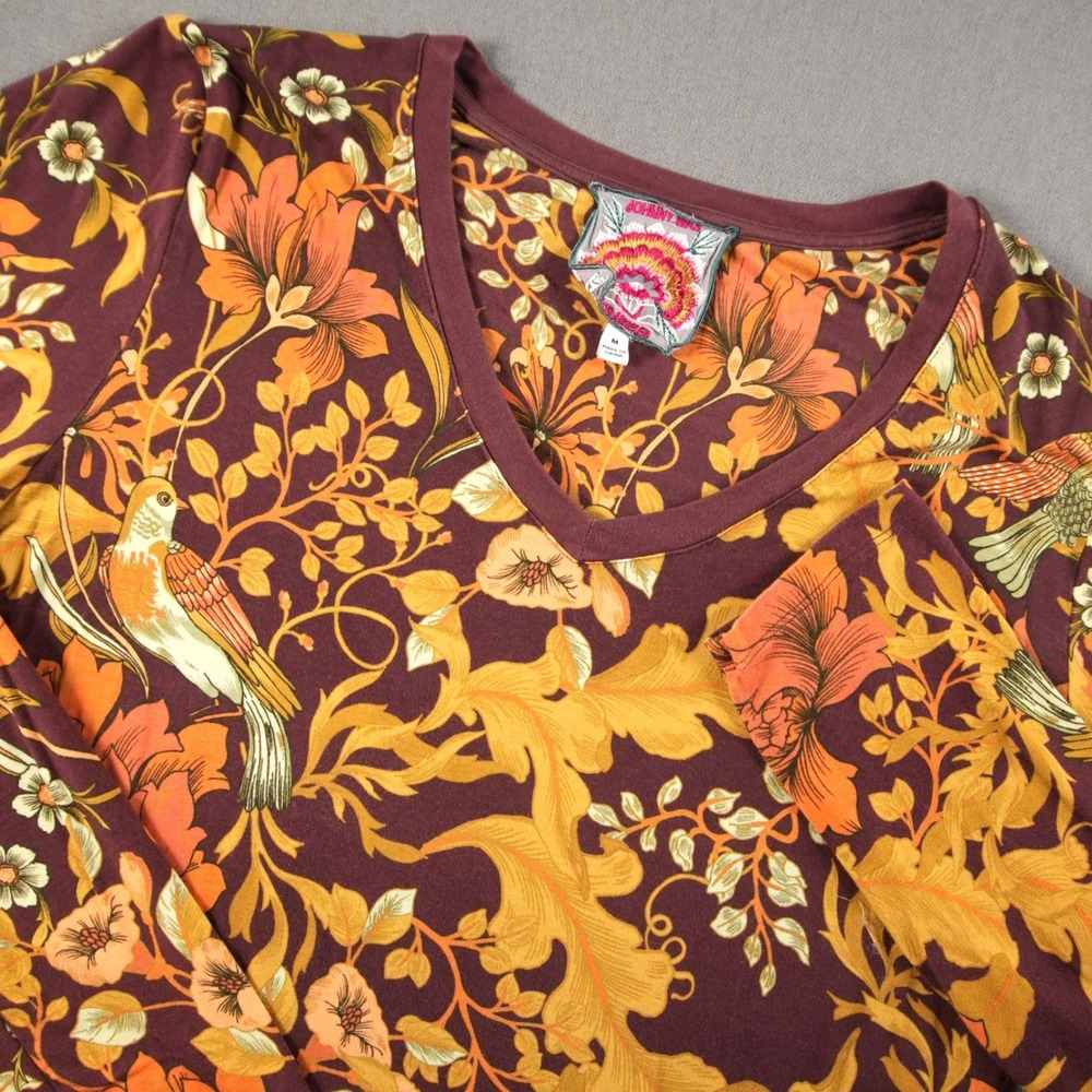Johnny Was Floral Bird Artsy V-Neck Top Womens M Boho Long Sleeve Bamboo